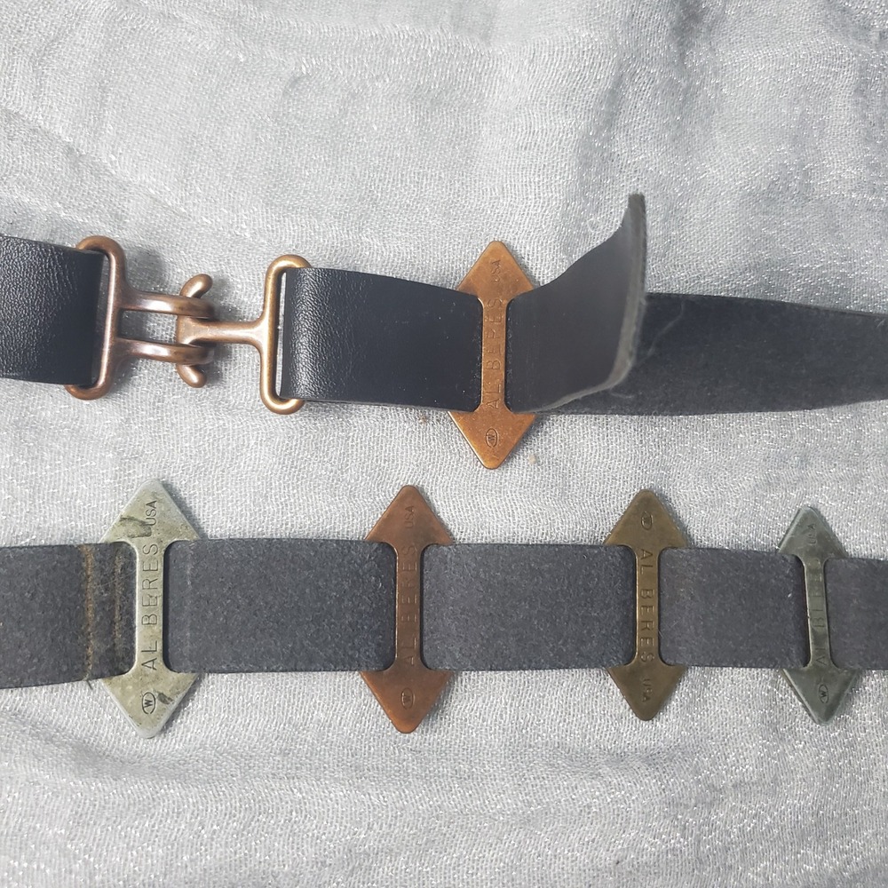 Al Beres USA Vtg Black Leather Belt Mixed Metal Diamond Slides Hook Closure Dune